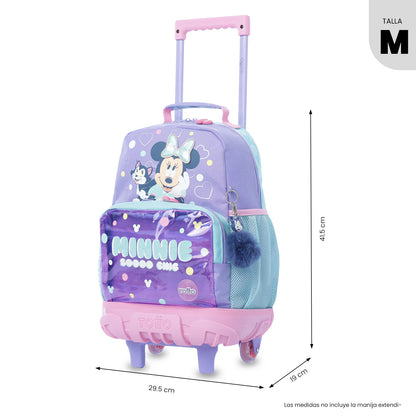 Mala de tamanho médio roxa da Minnie Mouse para meninas, com rodinhas.