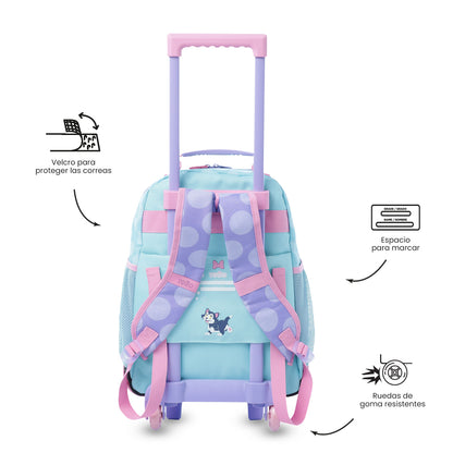 Mala de tamanho médio roxa da Minnie Mouse para meninas, com rodinhas.