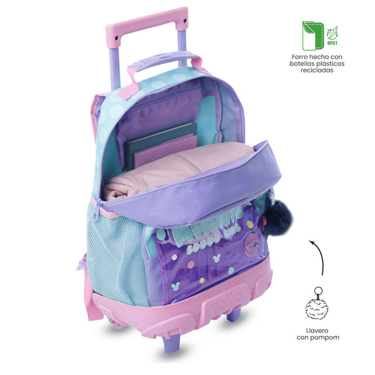 Mala de tamanho médio roxa da Minnie Mouse para meninas, com rodinhas.