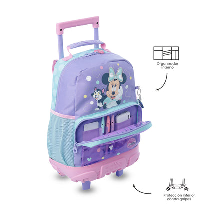 Mala de tamanho médio roxa da Minnie Mouse para meninas, com rodinhas.
