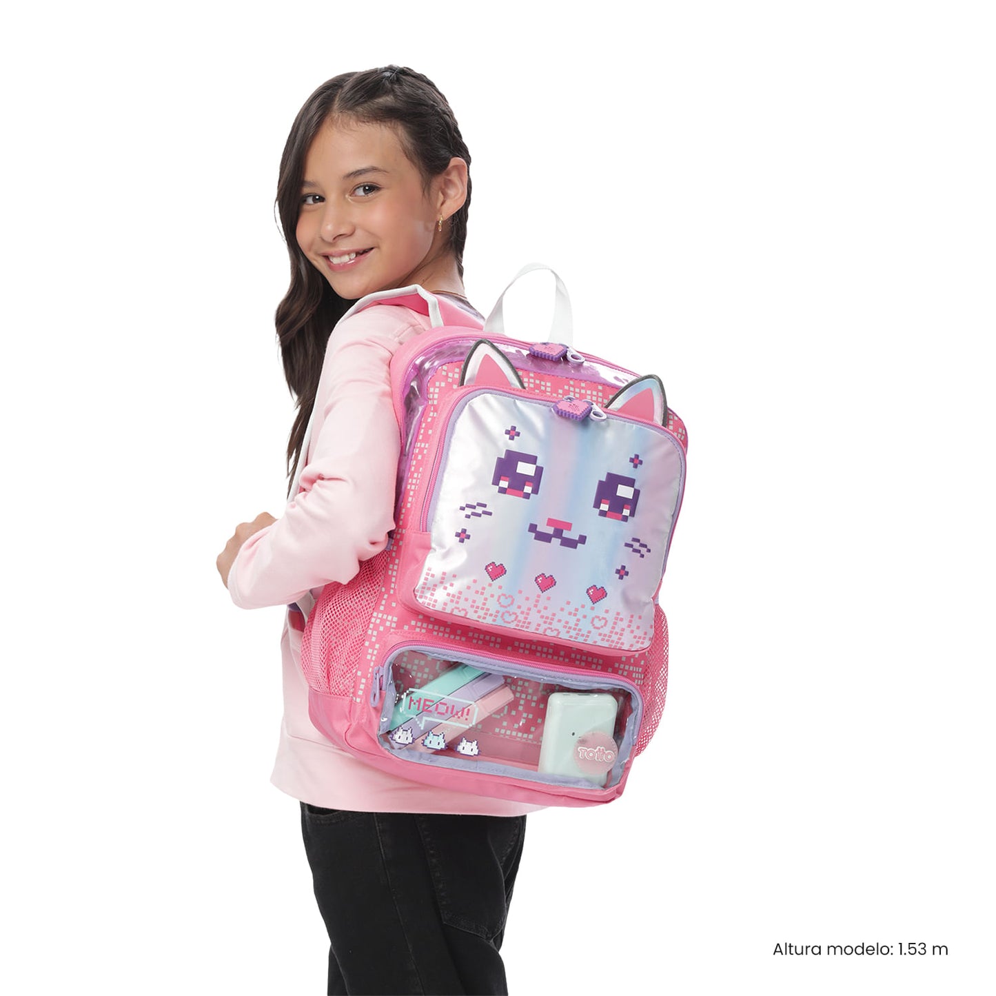Mochila média rosa Andy Cat para meninas