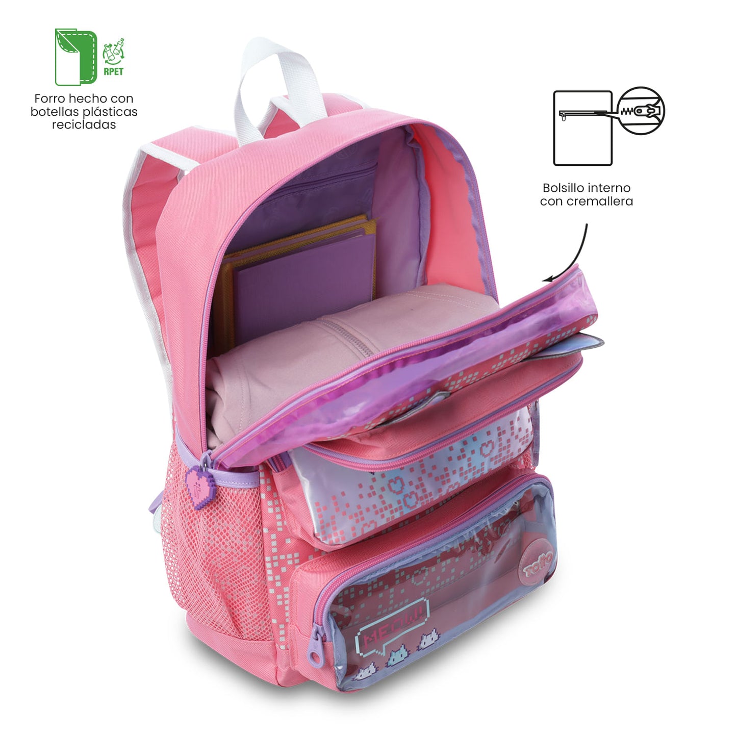Mochila média rosa Andy Cat para meninas