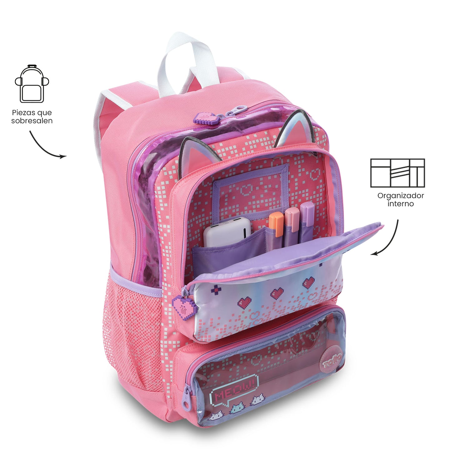 Mochila média rosa Andy Cat para meninas