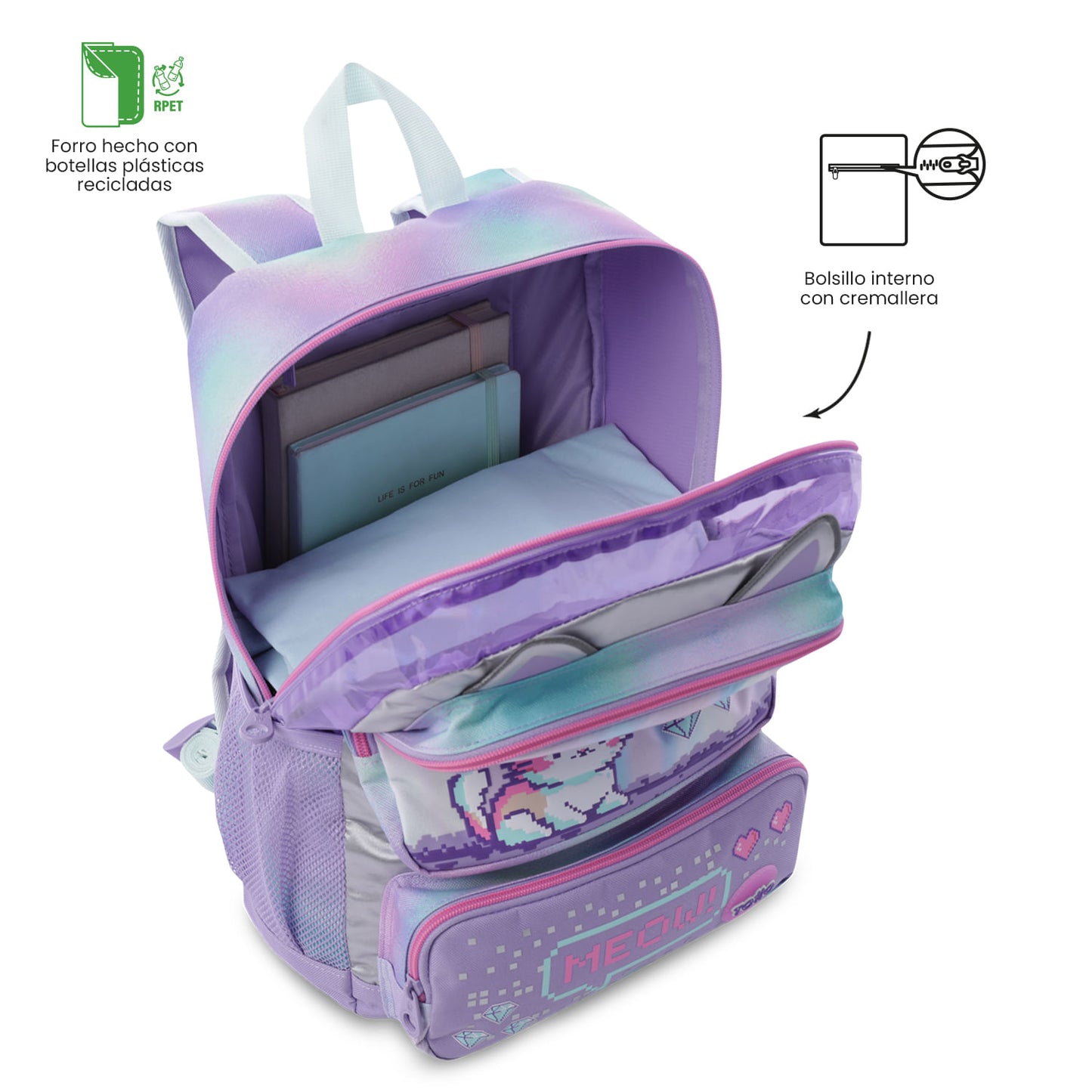 Mochila média roxa Andy Cat para meninas