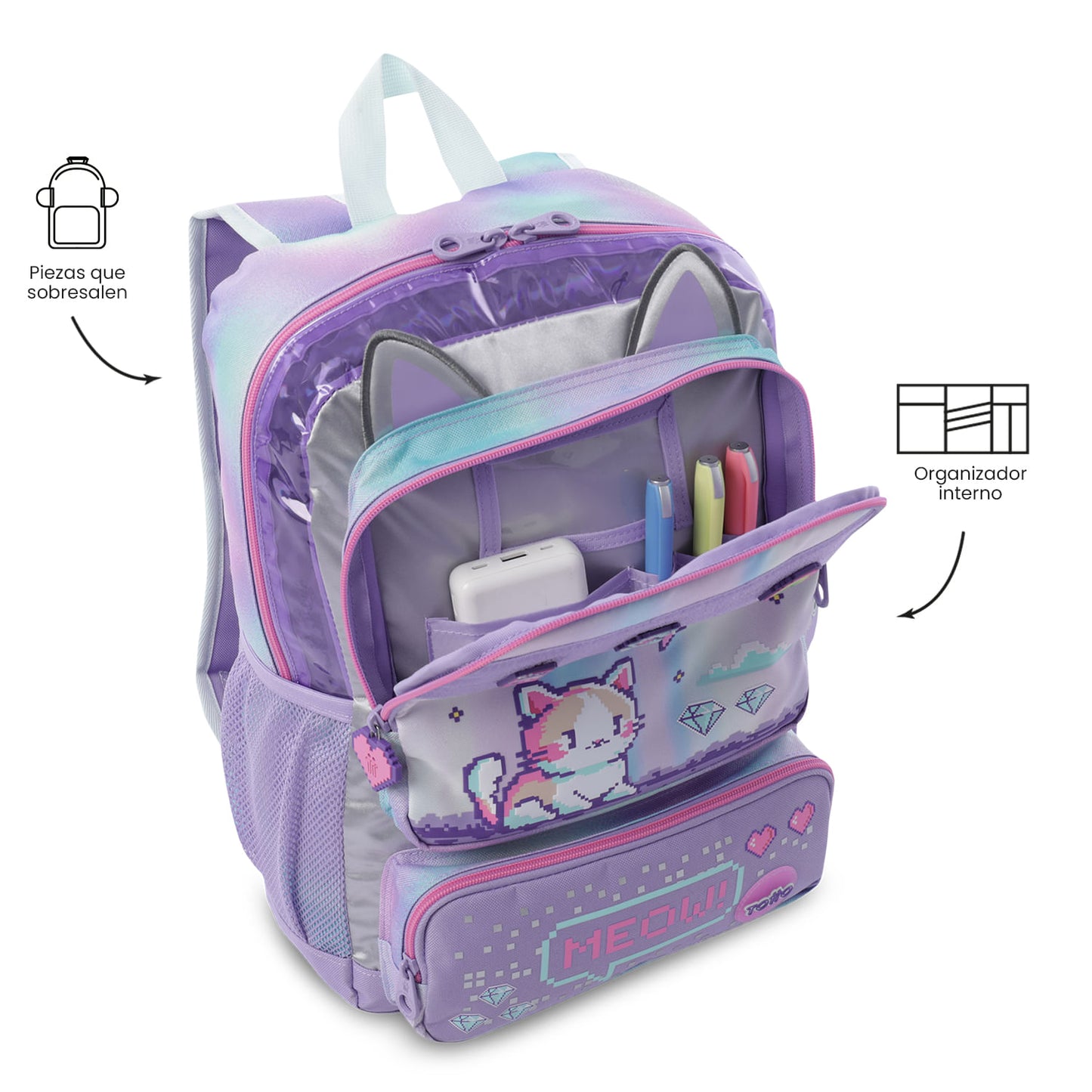 Mochila média roxa Andy Cat para meninas