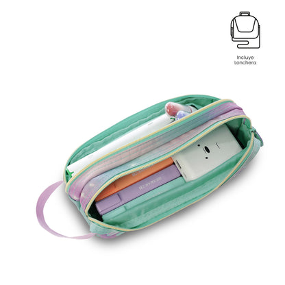 Conjunto Escolar Feminino (3 peças): Mochila + Lancheira + Bolsa Multiuso (Cinza Suave)