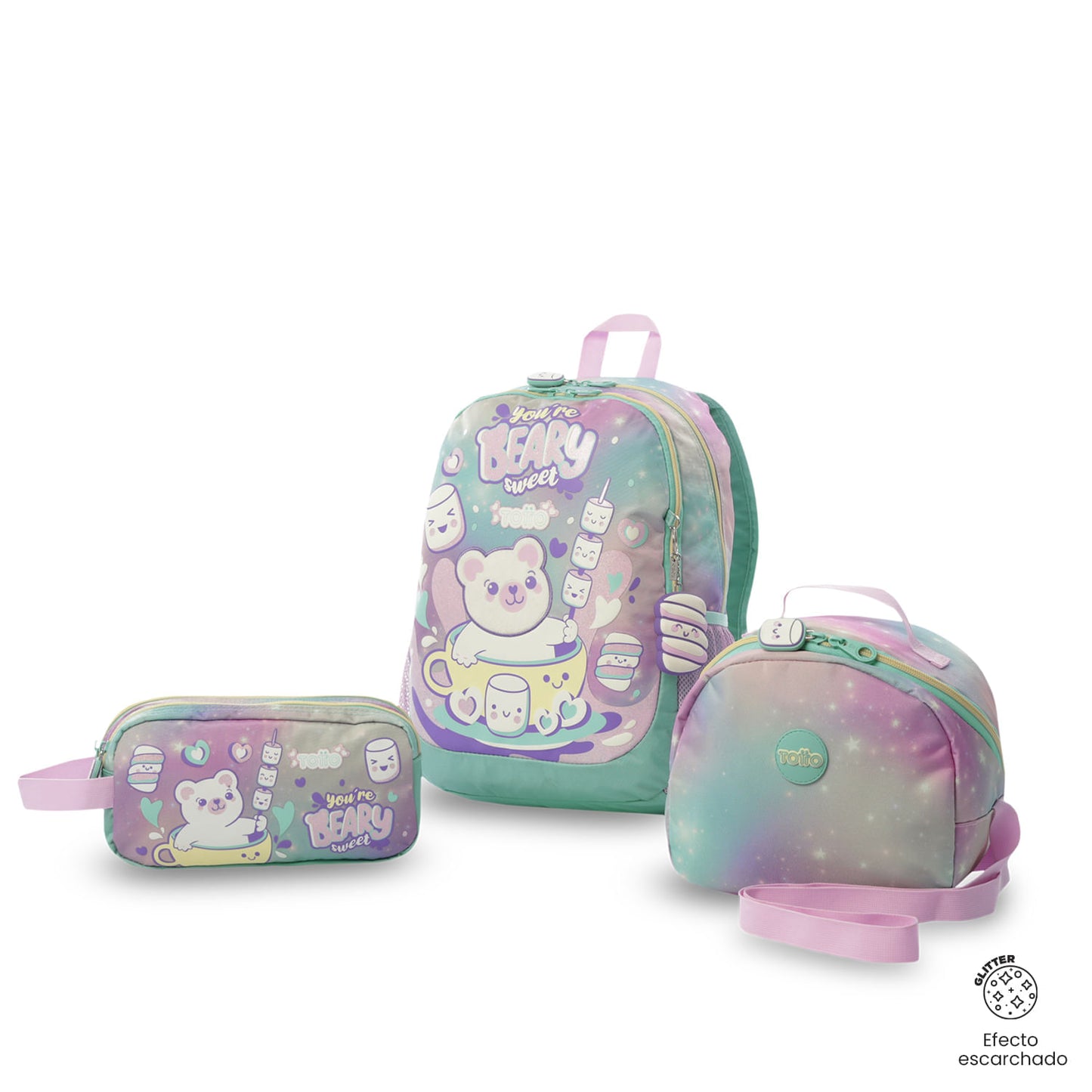 Conjunto Escolar Feminino (3 peças): Mochila + Lancheira + Bolsa Multiuso (Cinza Suave)