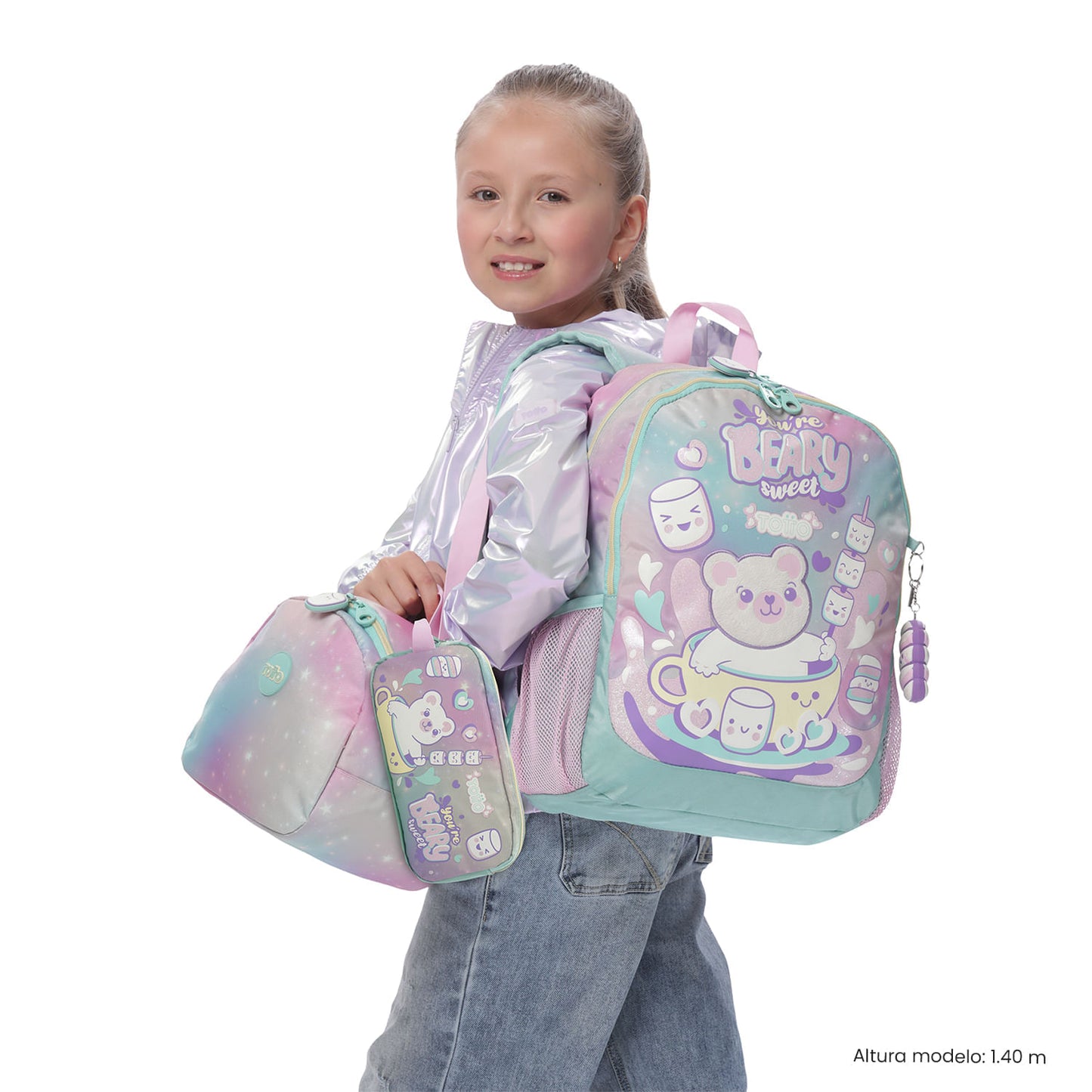 Conjunto Escolar Feminino (3 peças): Mochila + Lancheira + Bolsa Multiuso (Cinza Suave)