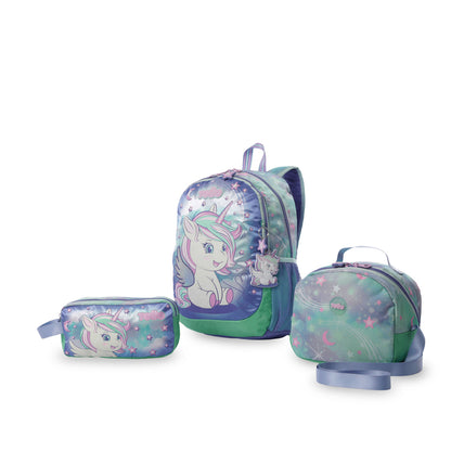 Conjunto Escolar Feminino X3: Mochila + Lancheira + Bolsa Multiuso Sonhos Mágicos (Verde)
