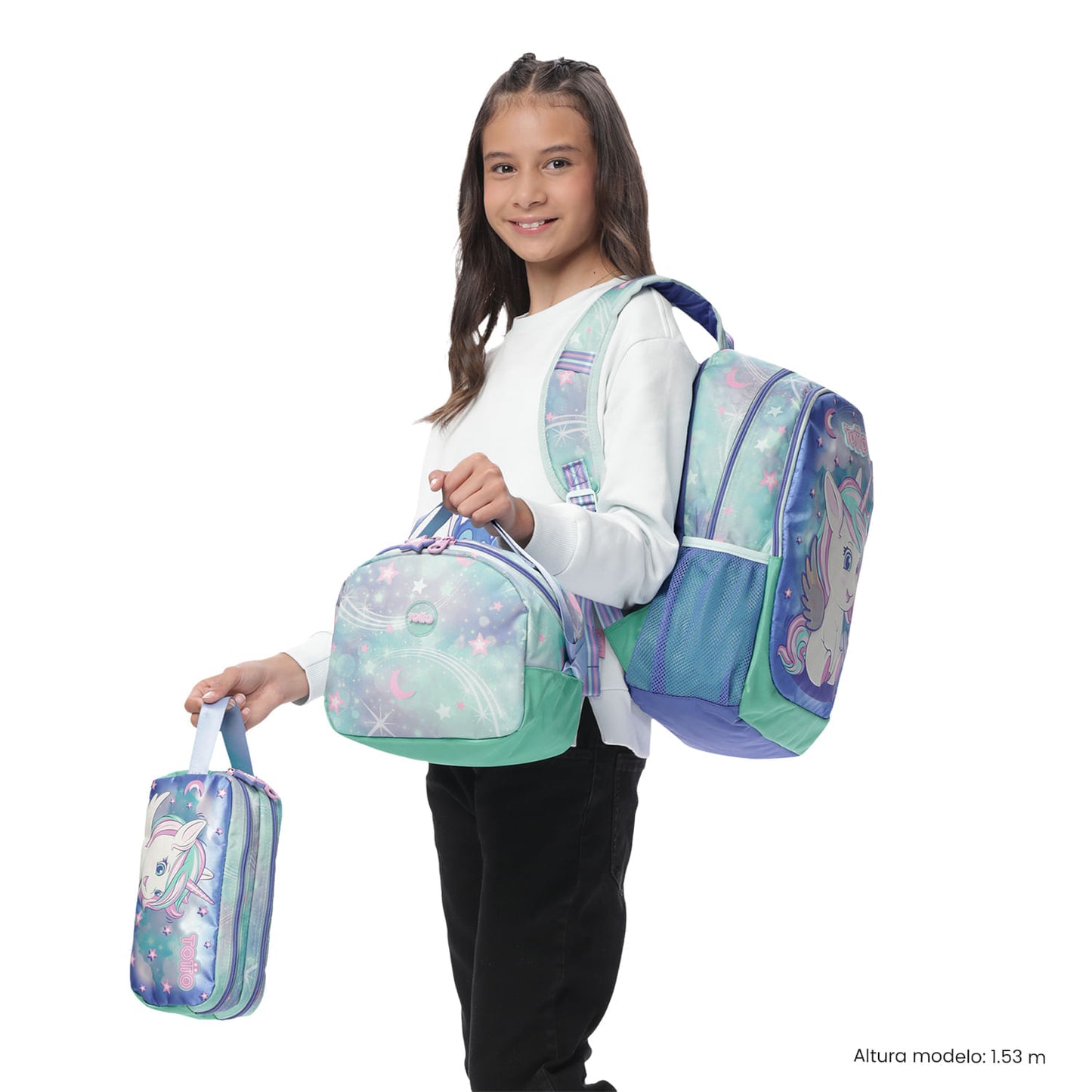 Conjunto Escolar Feminino X3: Mochila + Lancheira + Bolsa Multiuso Sonhos Mágicos (Verde)