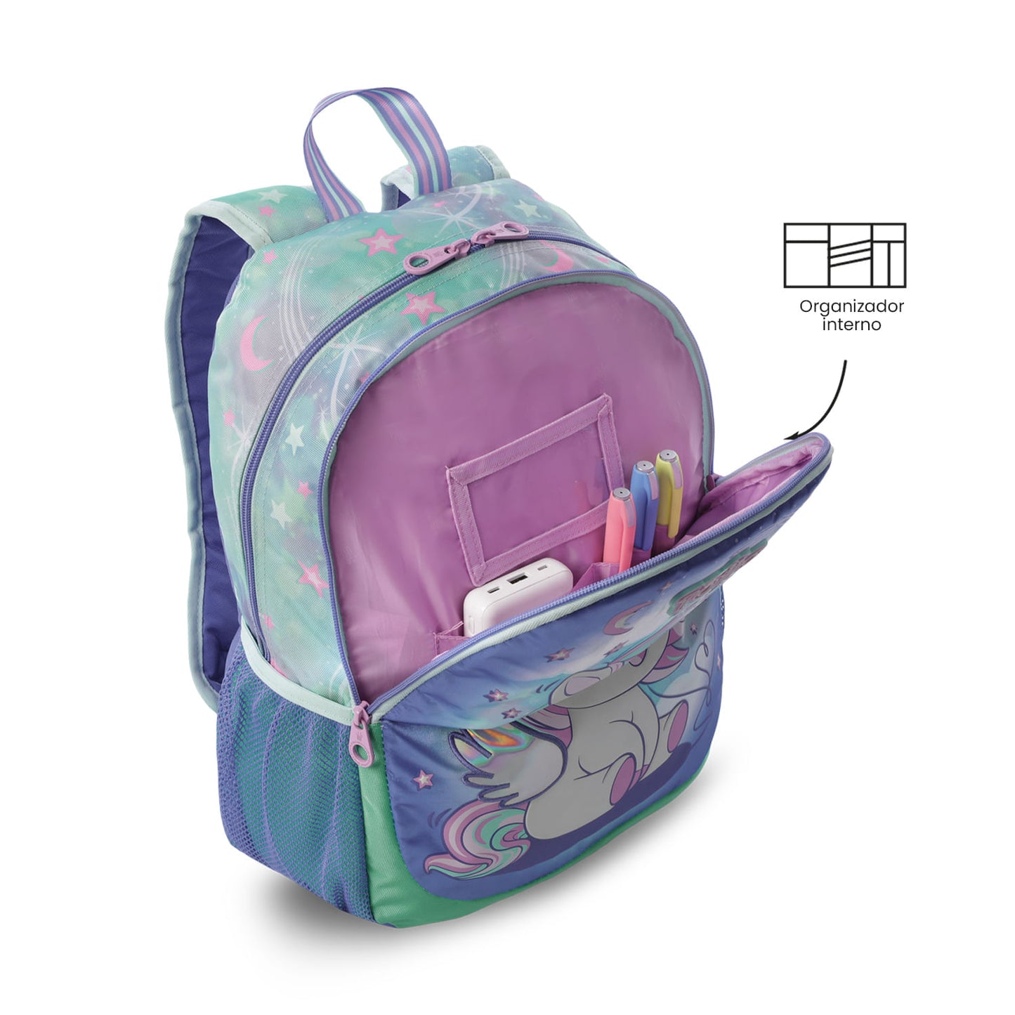 Conjunto Escolar Feminino X3: Mochila + Lancheira + Bolsa Multiuso Sonhos Mágicos (Verde)